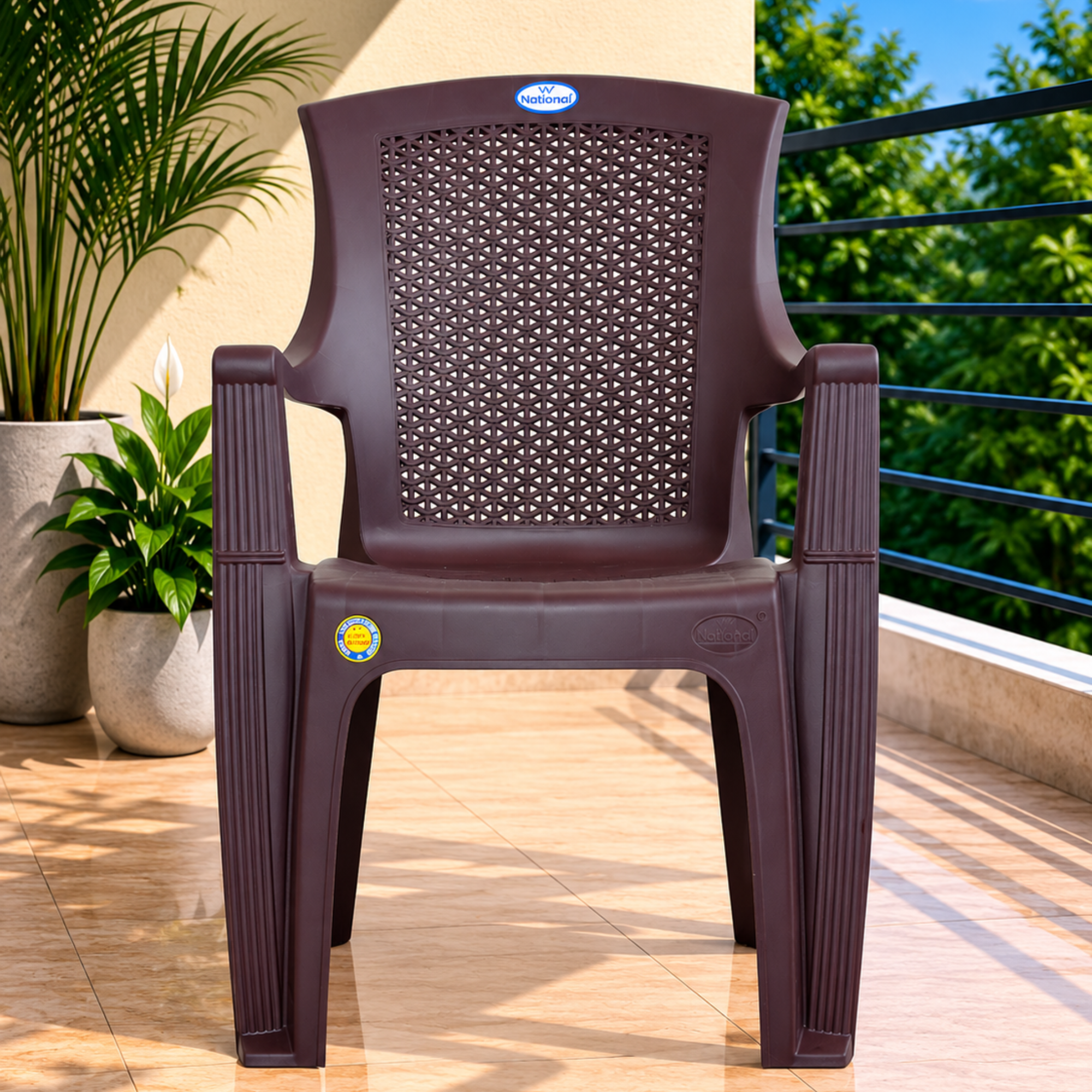 VV National Vajram VJ-26 Plastic Chair for Living Room | Pack of 2 | 2-Year Warranty | Wicker Rattan Texture Backrest (Brown)
