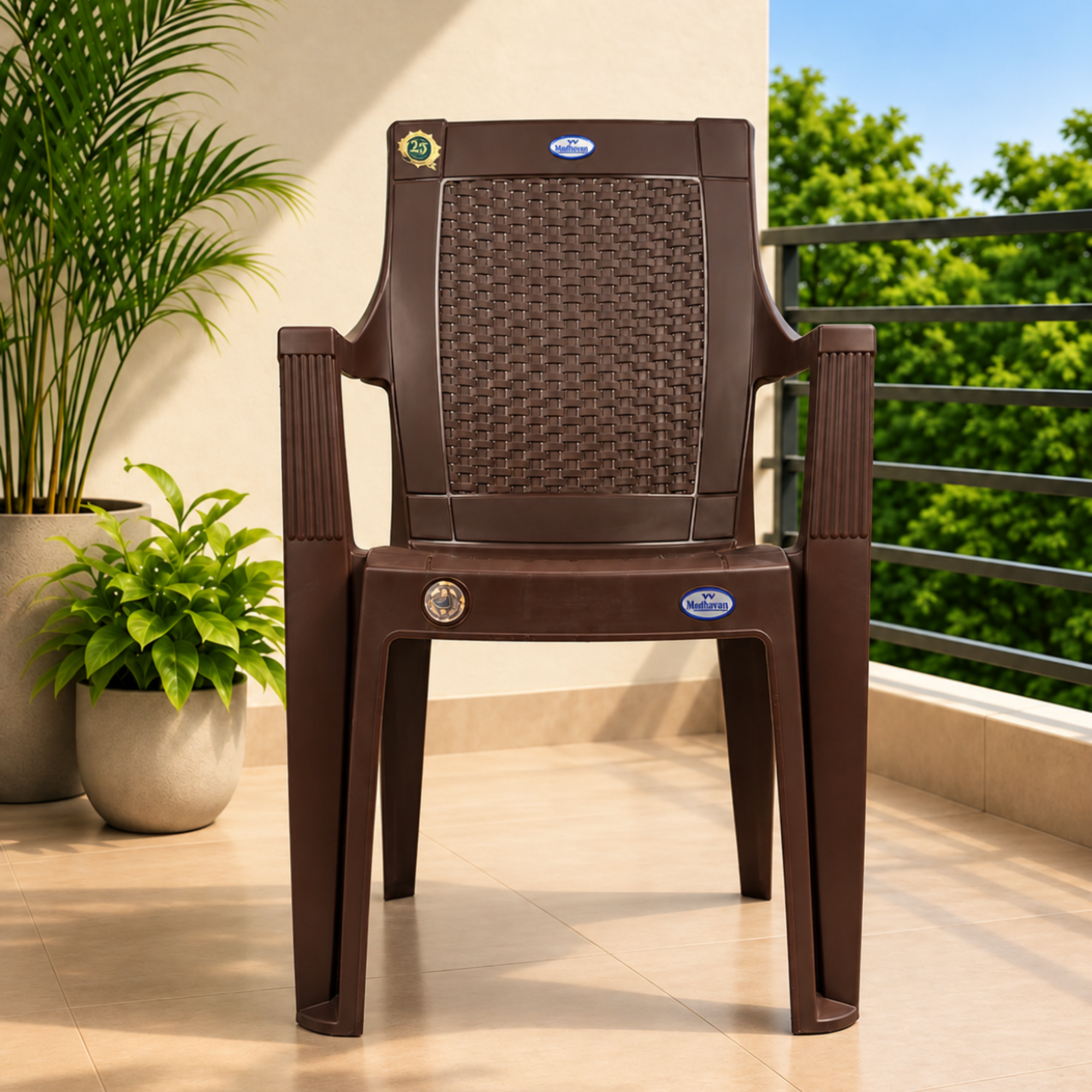 VV National Majestic Plastic Arm Chair with Rattan Pattern Backrest, Durable & Comfortable – Pack of 2 Pcs (Brown)